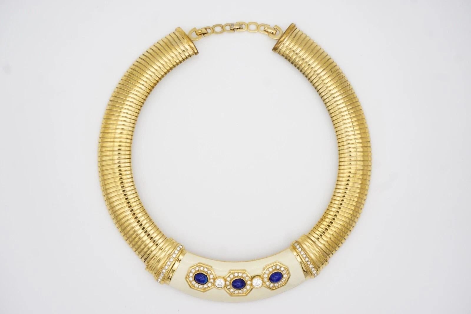 Christian Dior Vintage 1980s Lapis Crystals Beige Wide Ribbed Omega Necklace For Sale 10