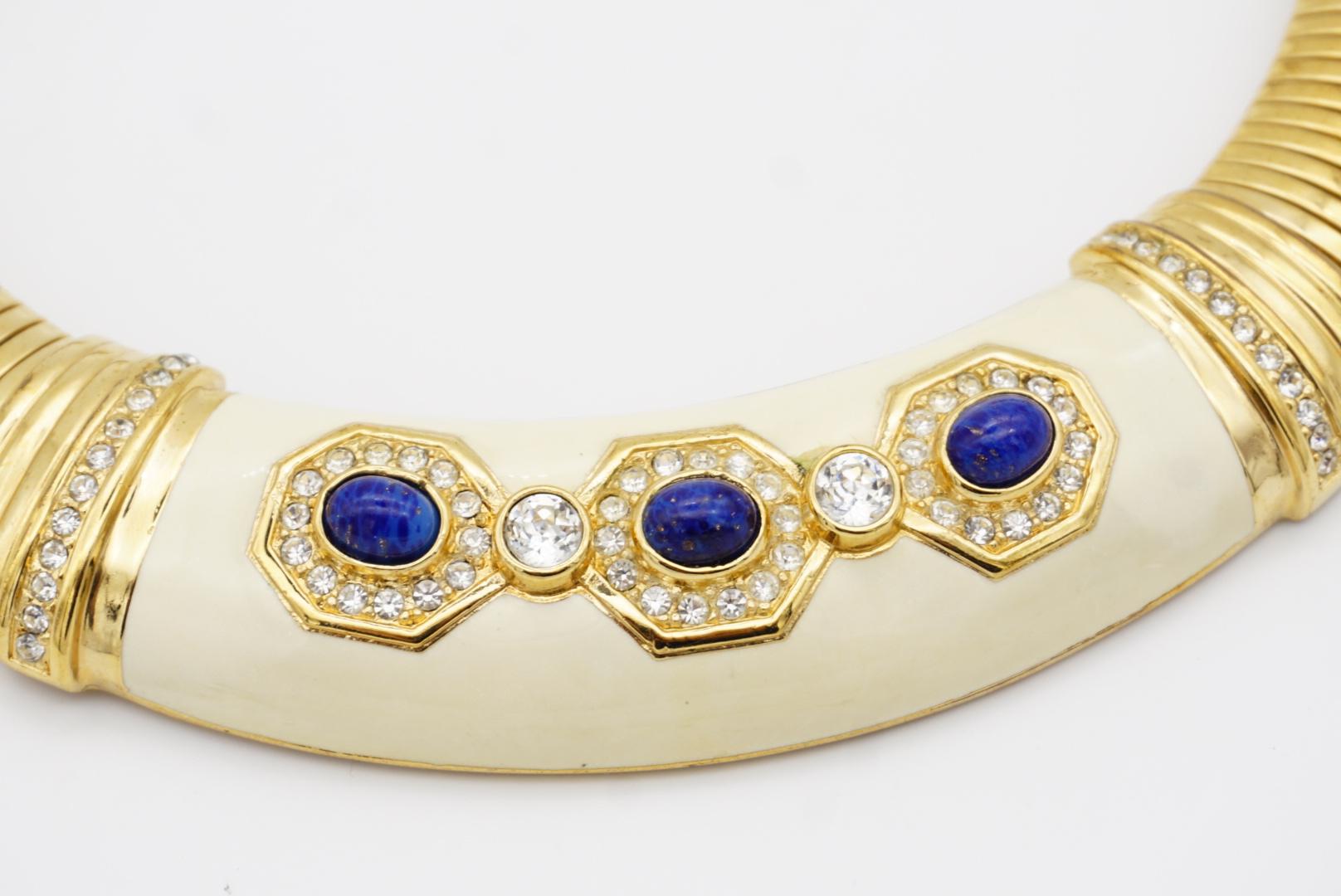 Christian Dior Vintage 1980s Lapis Crystals Beige Wide Ribbed Omega Necklace For Sale 4