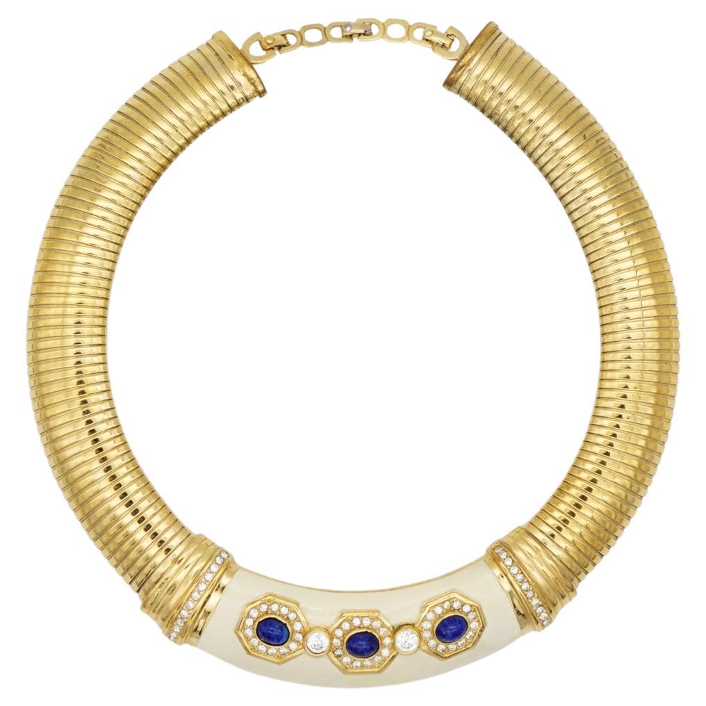 Christian Dior Vintage 1980s Lapis Crystals Beige Wide Ribbed Omega Necklace For Sale