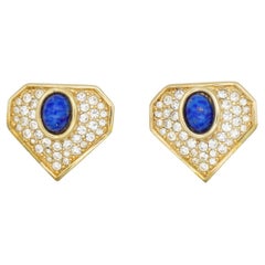 Christian Dior Vintage 1980s Lapis Crystals Cabochon Foil Triangle Clip Earrings