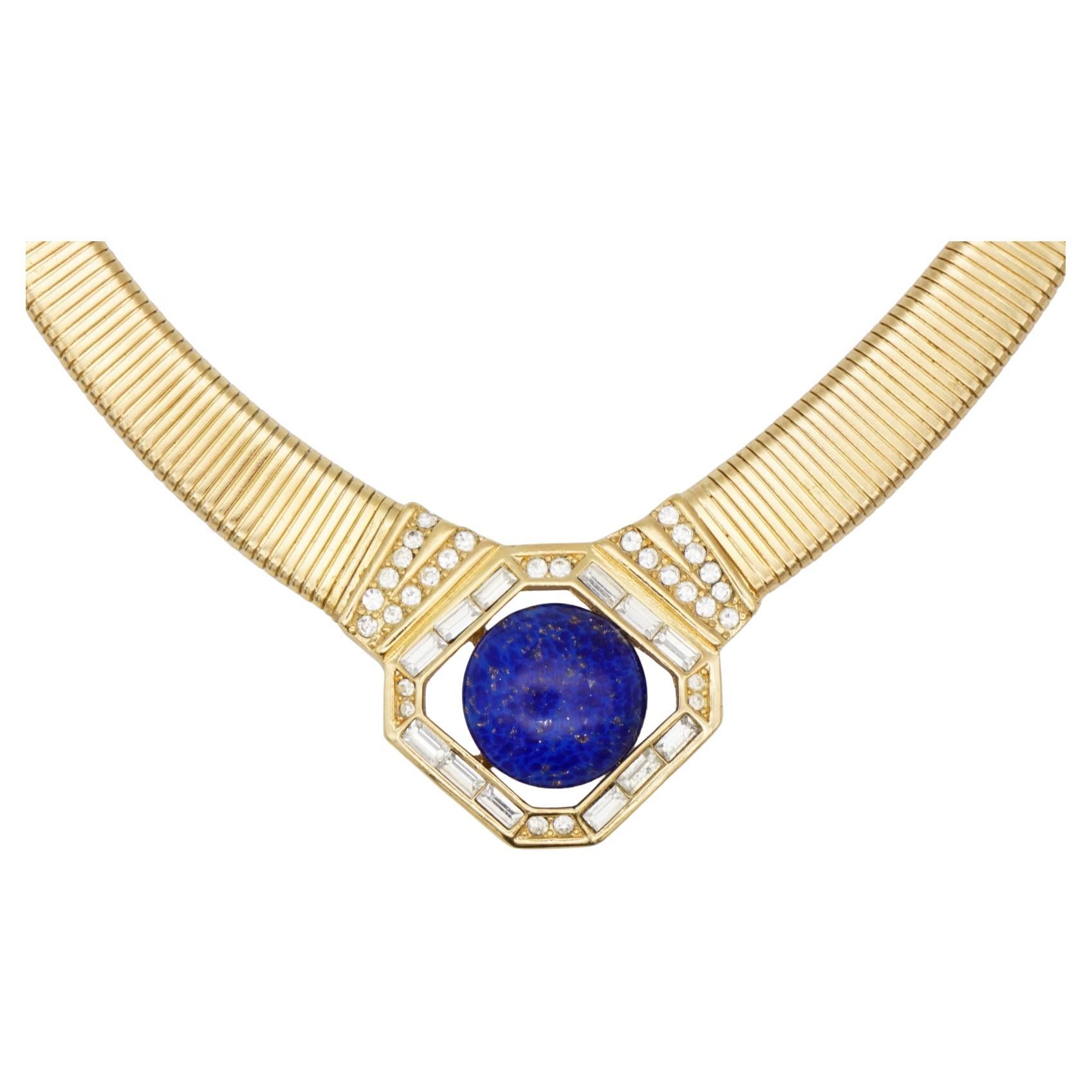 Christian Dior Vintage 1980s Lapis Crystals Foil Cabochon Ribbed Omega Necklace For Sale
