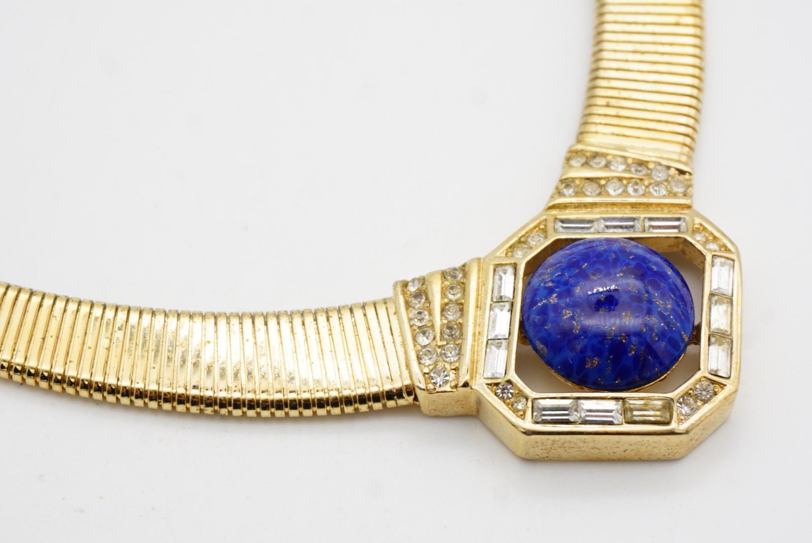 Christian Dior Vintage 1980s Lapis Foil Cabochon Crystals Ribbed Omega Necklace For Sale 5