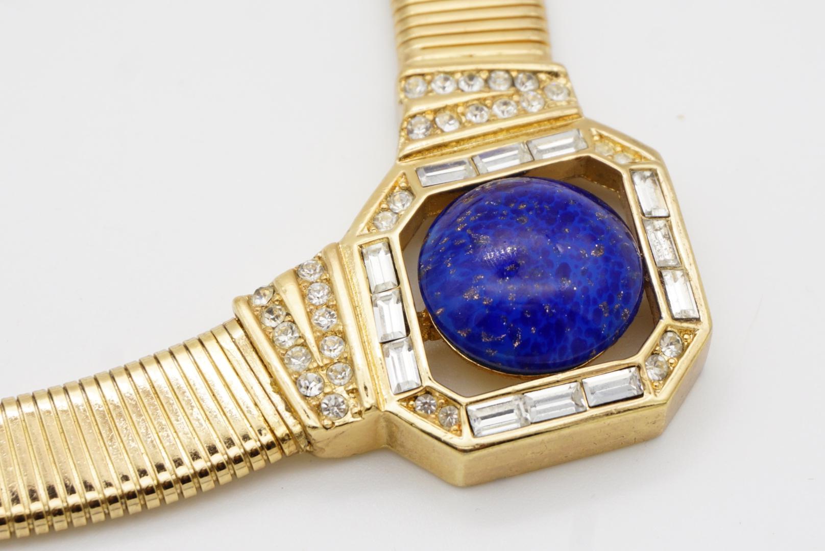 Christian Dior Vintage 1980s Lapis Foil Cabochon Crystals Ribbed Omega Necklace 6