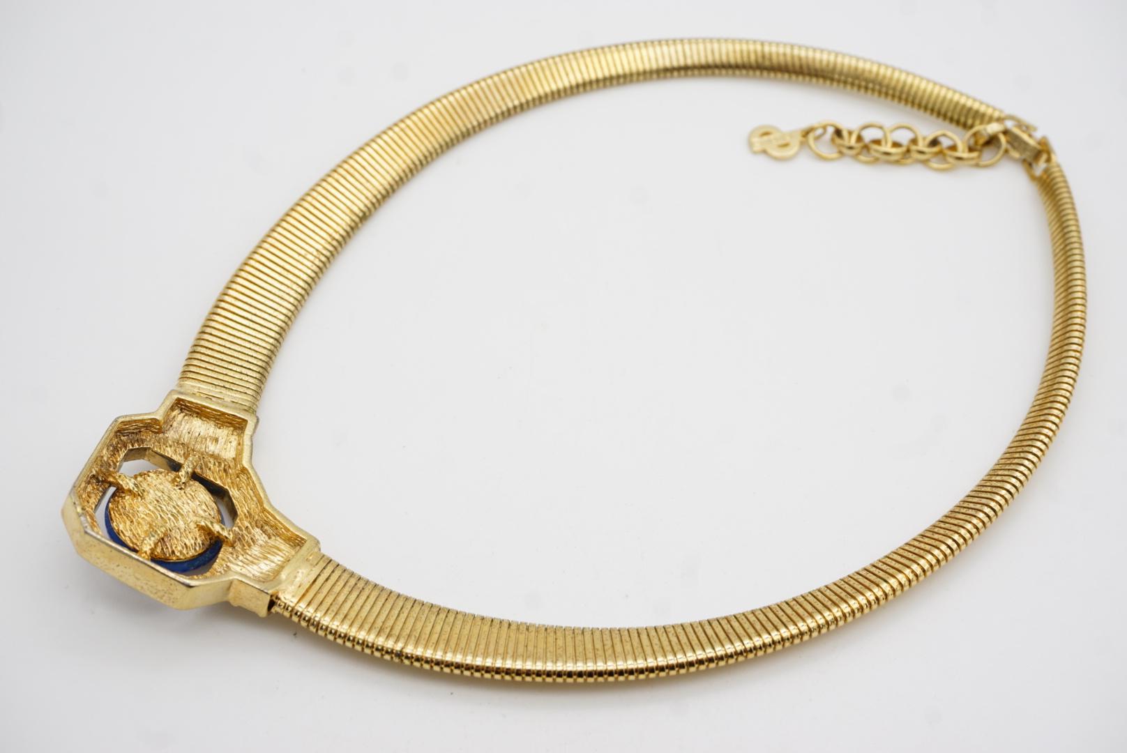Christian Dior Vintage 1980s Lapis Foil Cabochon Crystals Ribbed Omega Necklace For Sale 10