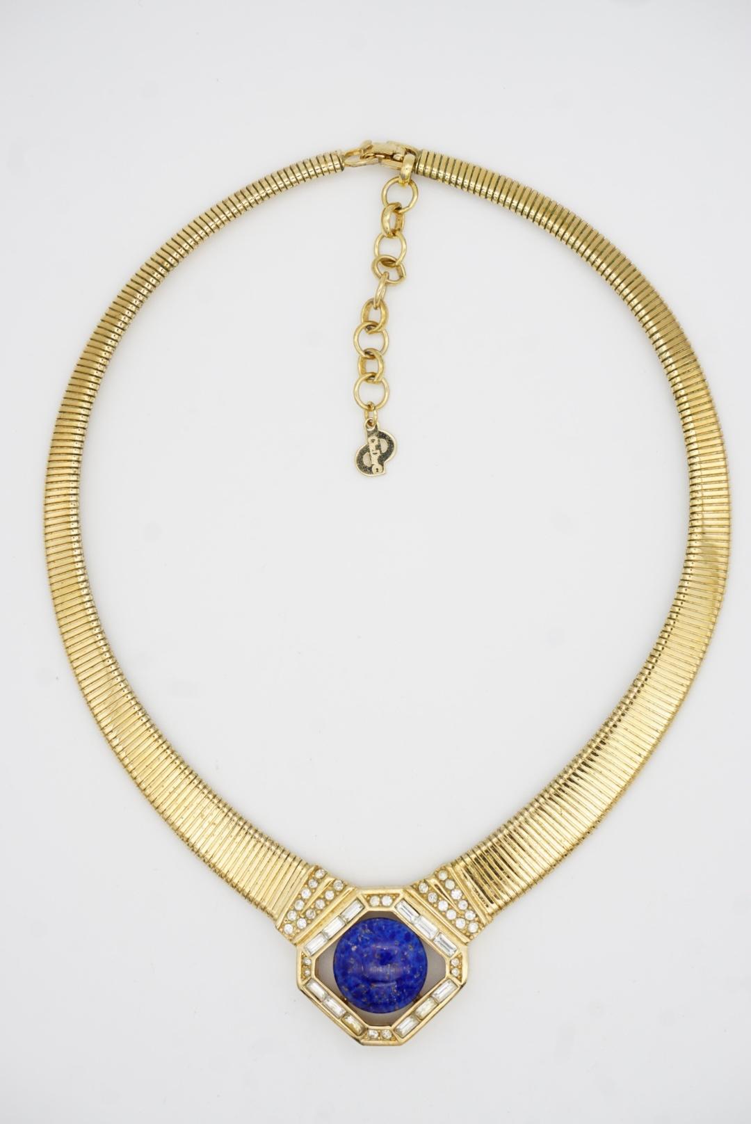 Christian Dior Vintage 1980s Lapis Foil Cabochon Crystals Ribbed Omega Necklace For Sale 12