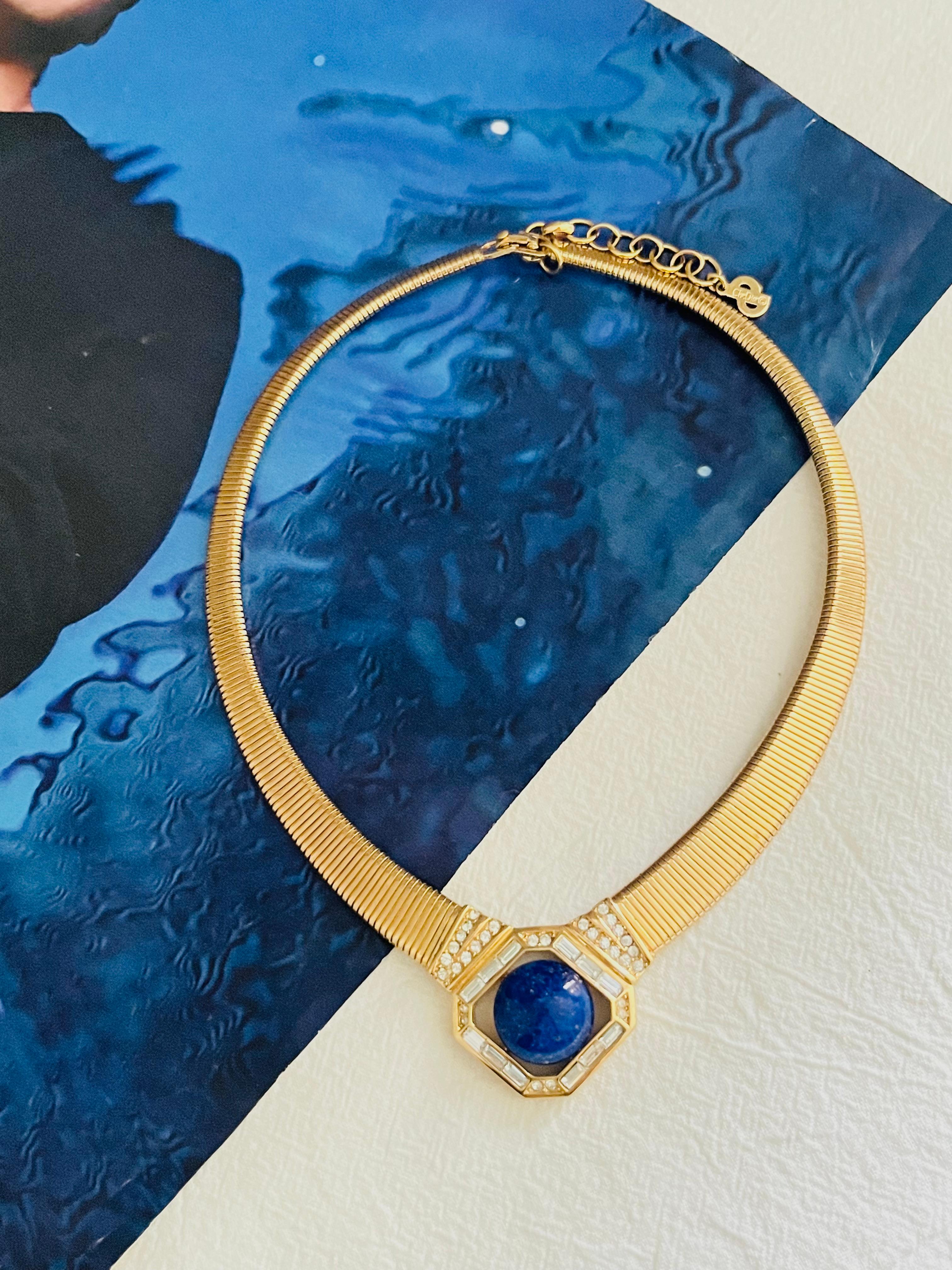 Christian Dior Vintage 1980s Lapis Foil Cabochon Crystals Ribbed Omega Necklace 1
