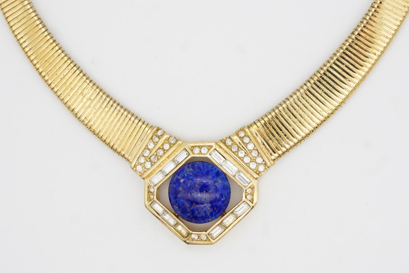 Christian Dior Vintage 1980s Lapis Foil Cabochon Crystals Ribbed Omega Necklace For Sale 3
