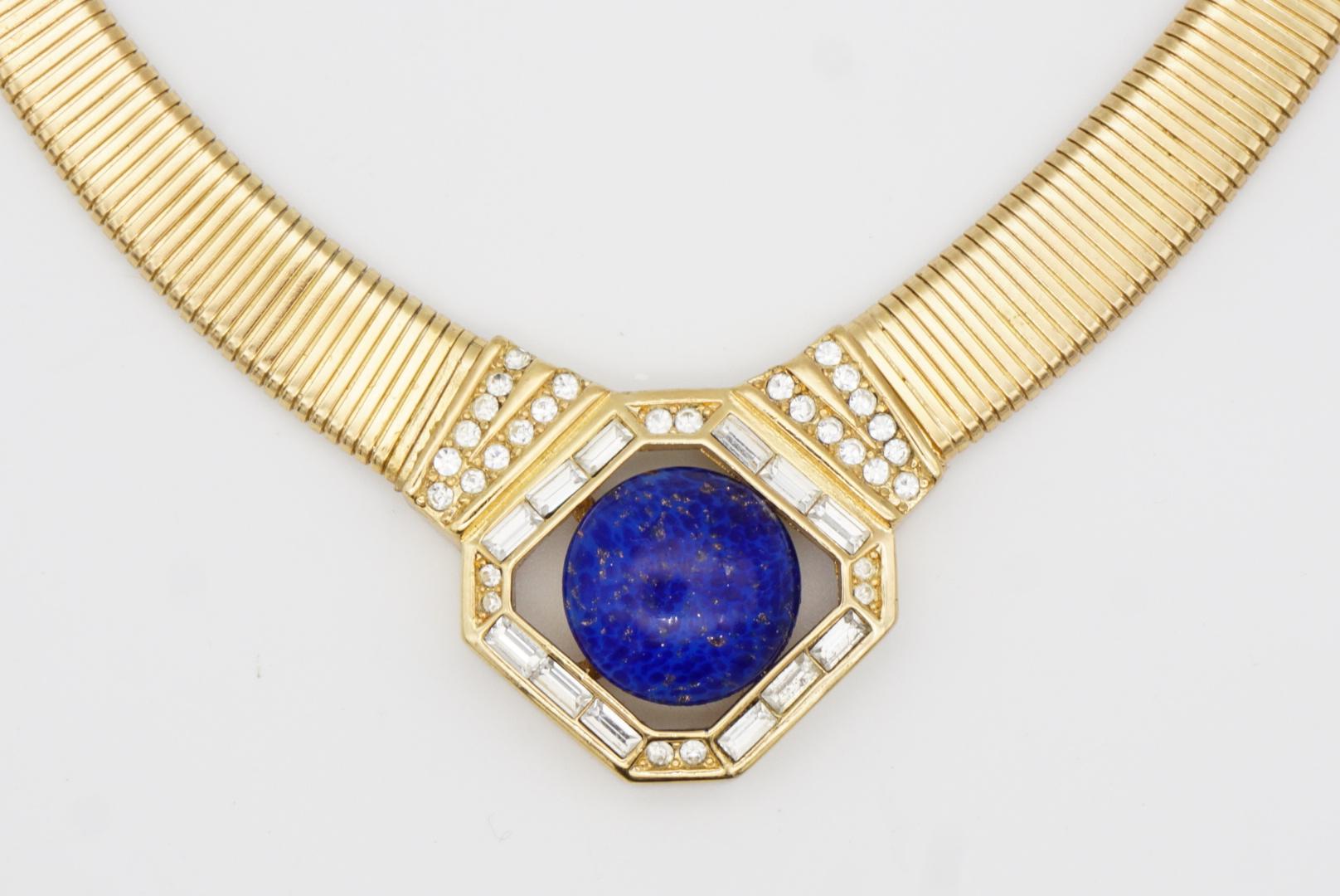 Christian Dior Vintage 1980s Lapis Foil Cabochon Crystals Ribbed Omega Necklace 4