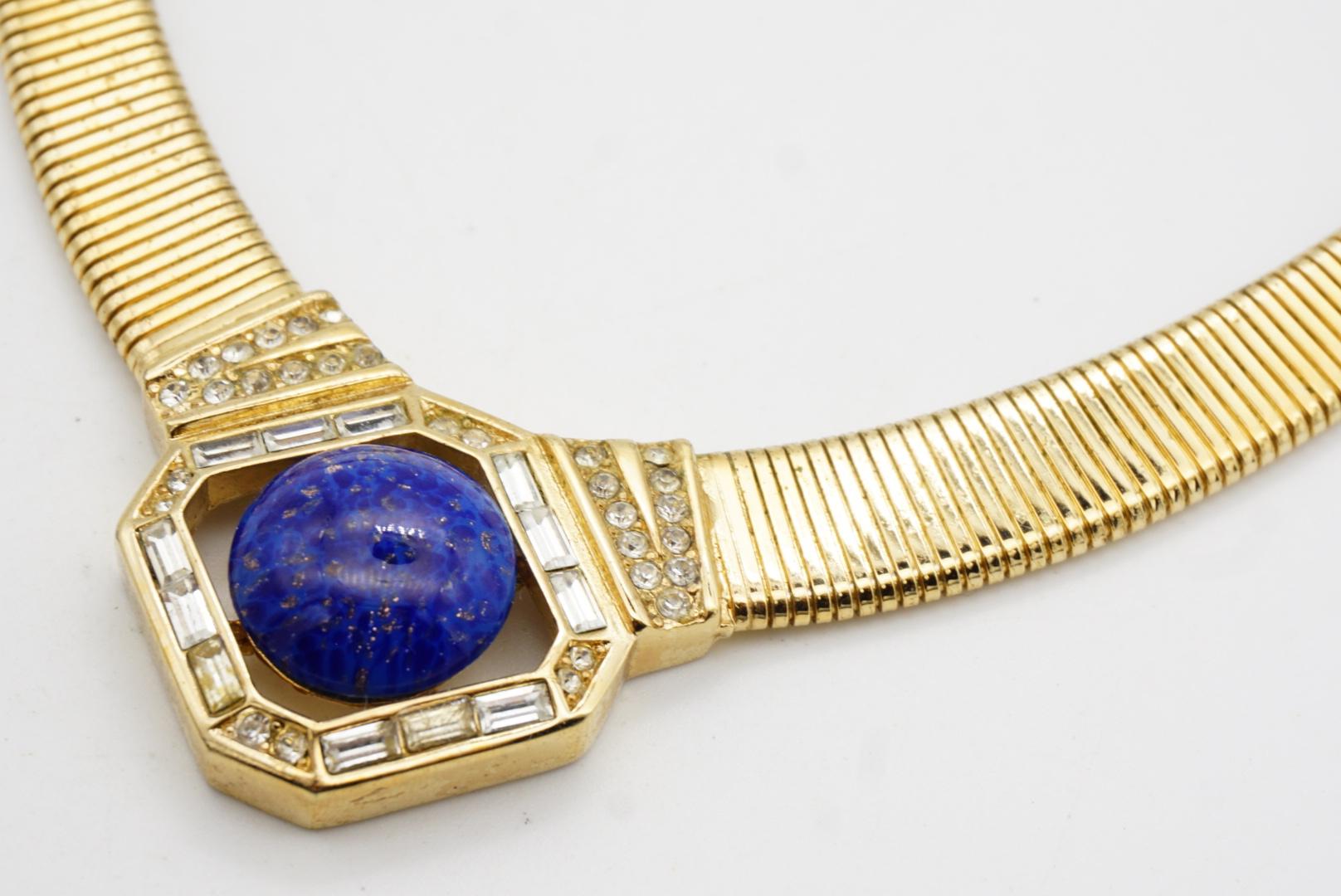 Christian Dior Vintage 1980s Lapis Foil Cabochon Crystals Ribbed Omega Necklace For Sale 4