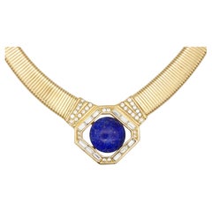 Christian Dior Vintage 1980s Lapis Foil Cabochon Crystals Ribbed Omega Necklace
