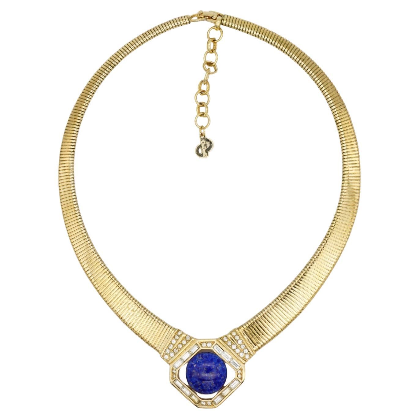Christian Dior Vintage 1980s Lapis Foil Cabochon Crystals Ribbed Omega Necklace For Sale