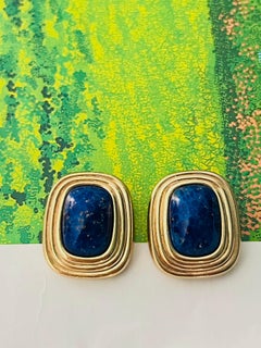Christian Dior Vintage 1980s Lapis Foil Stone Cabochon Octagon Clip Earrings