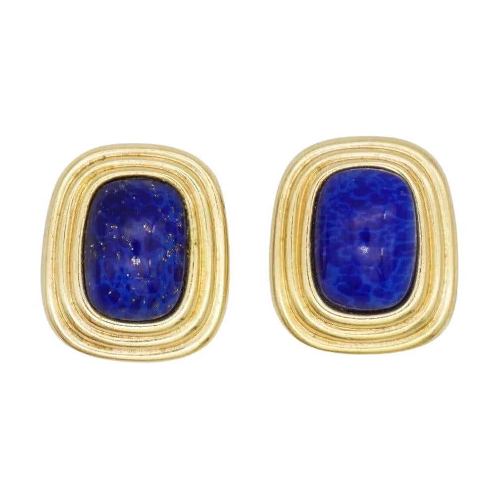 Christian Dior Vintage 1980 Lapis Foil Stone Cabochon Octagon Clip Earrings