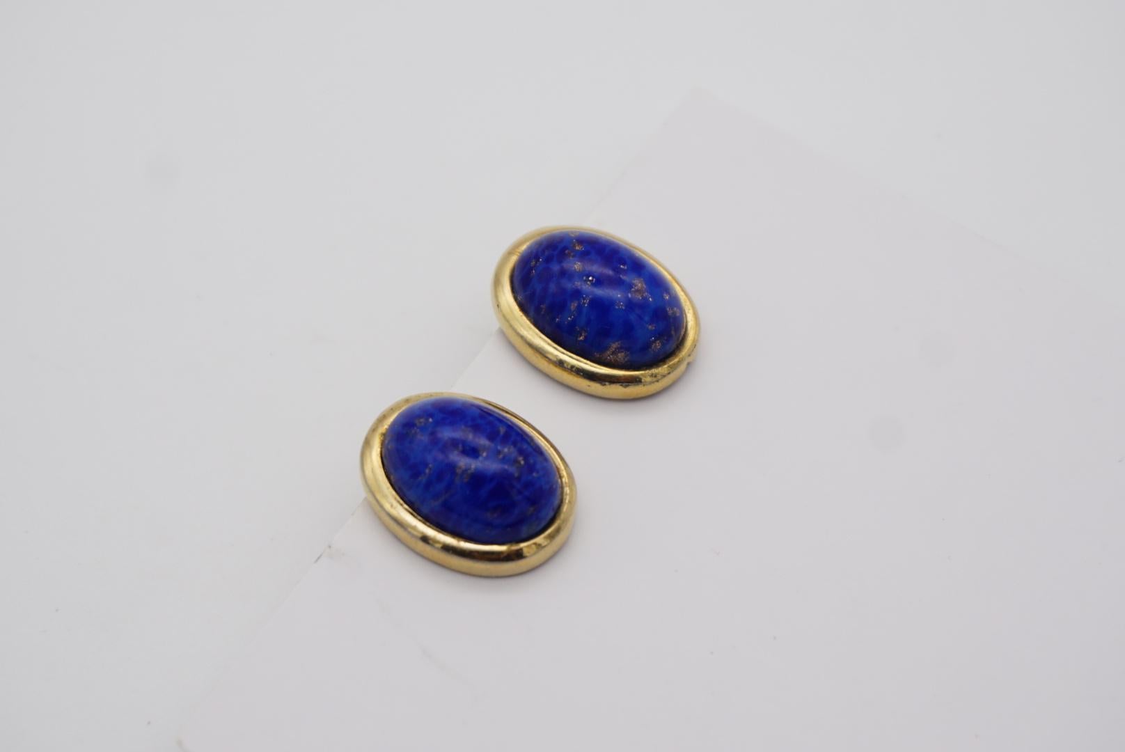 Christian Dior Vintage 1980s Lapis Navy Oval Foil Pearl Gold Clip On Earrings For Sale 9