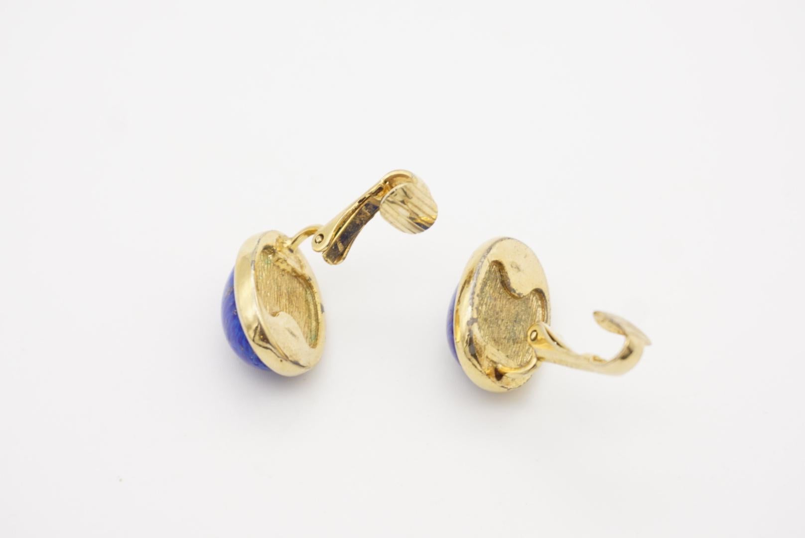 Christian Dior Vintage 1980s Lapis Navy Oval Foil Pearl Gold Clip On Earrings For Sale 11