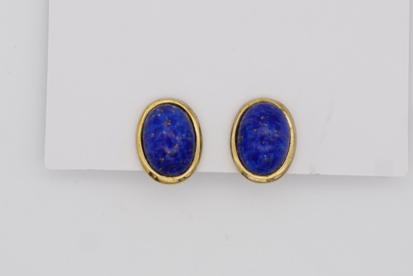 Christian Dior Vintage 1980s Lapis Navy Oval Foil Pearl Gold Clip On Earrings For Sale 7