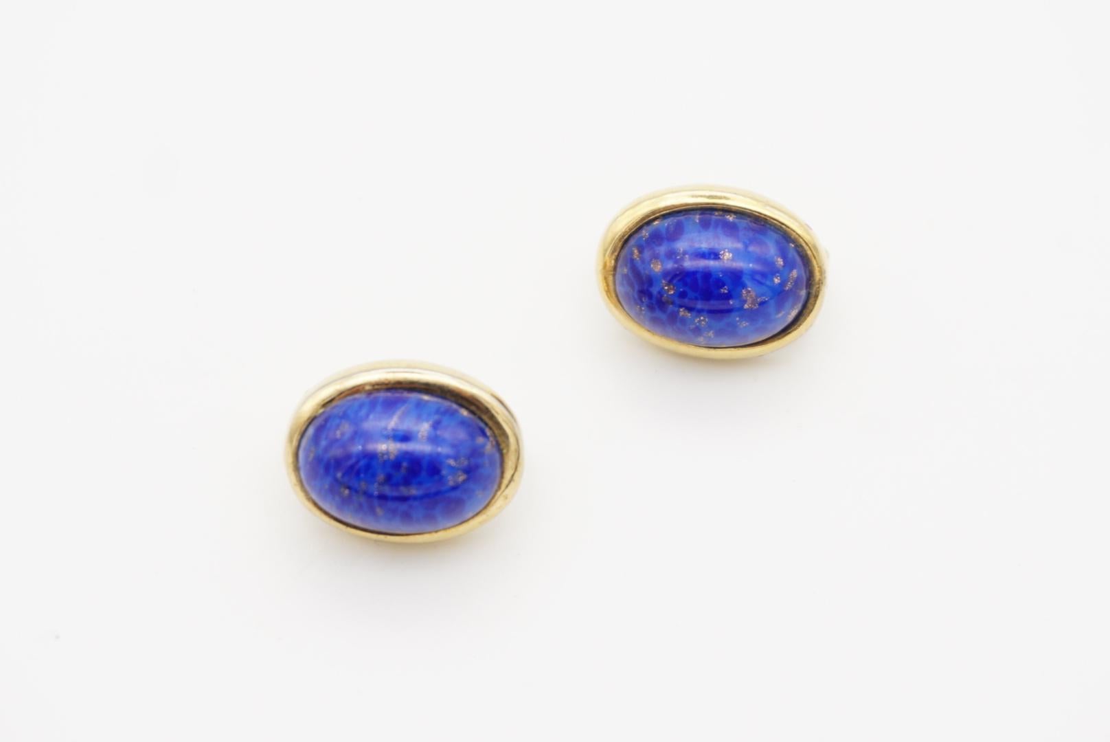 Christian Dior Vintage 1980s Lapis Navy Oval Foil Pearl Gold Clip On Earrings For Sale 8