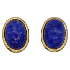 Christian Dior Retro 1980s Lapis Navy Oval Foil Pearl Gold Clip On Earrings