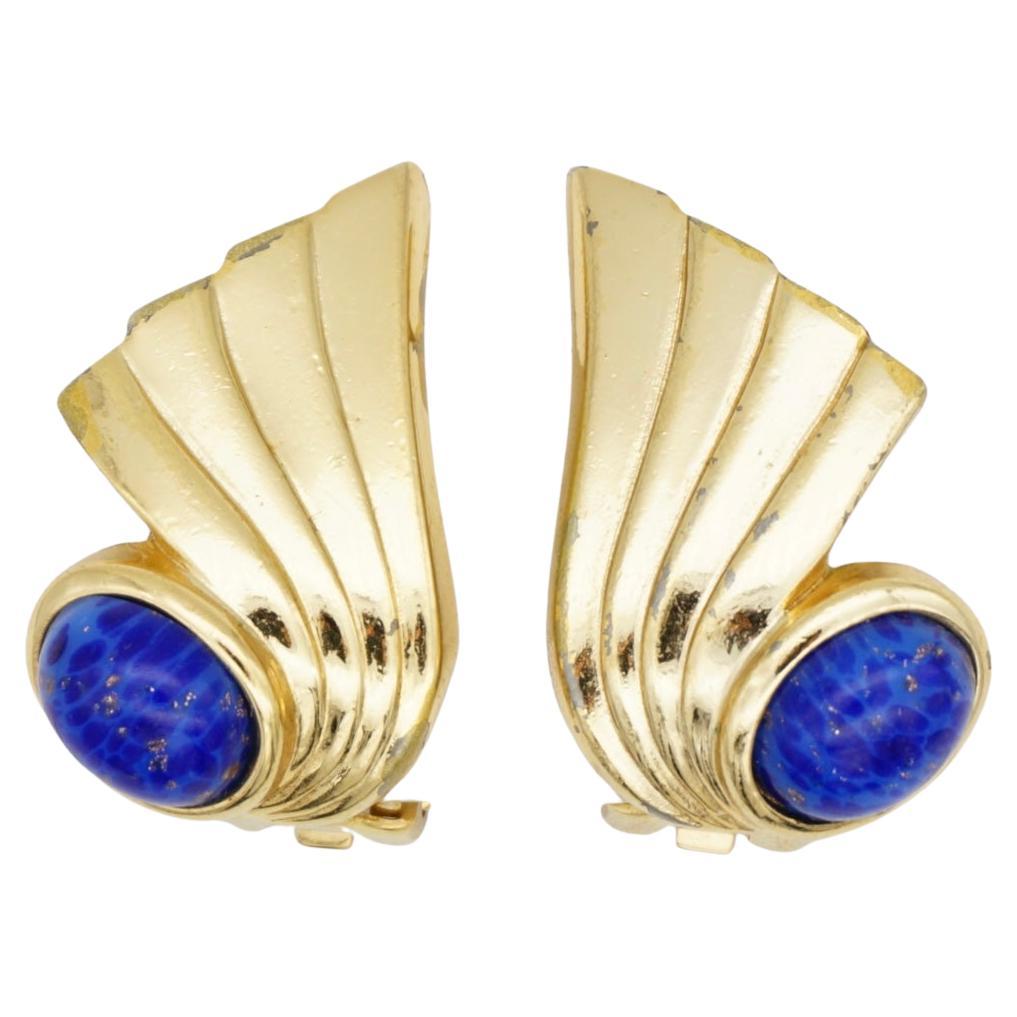 Christian Dior Vintage 1980s Lapis Navy Oval Stone Foil Wing Feather Earrings