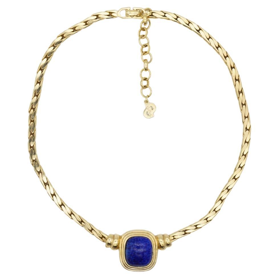 Christian Dior Vintage 1980s Lapis Navy Rectangle Cabochon Pendant Necklace For Sale