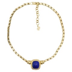 Christian Dior Vintage 1980er Jahre Lapis Marineblaue rechteckige Cabochon-Halskette mit Anhänger