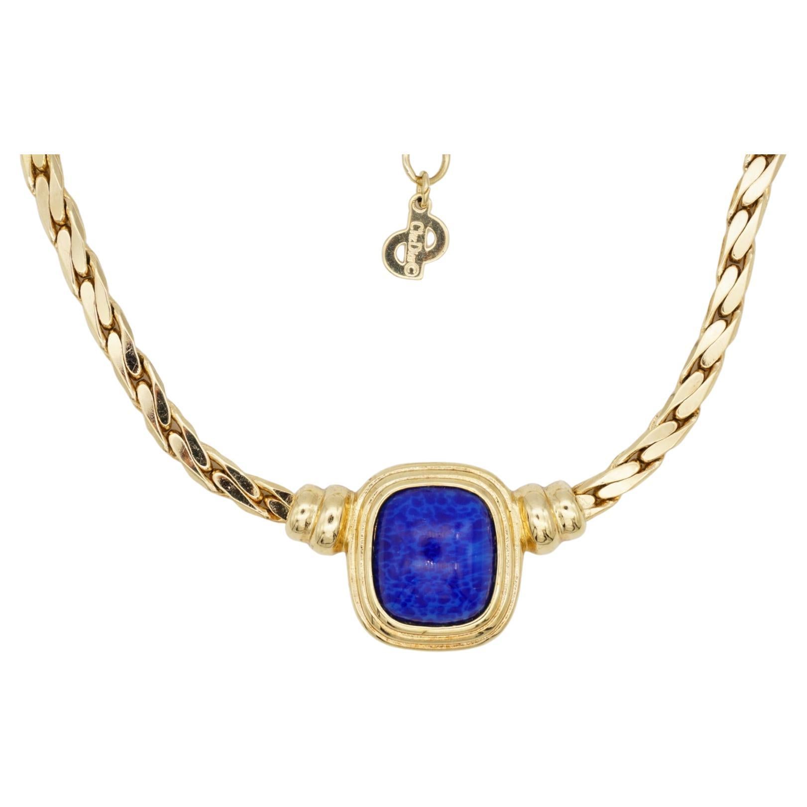 Christian Dior Vintage 1980s Lapis Navy Rectangle Cabochon Pendant Necklace For Sale