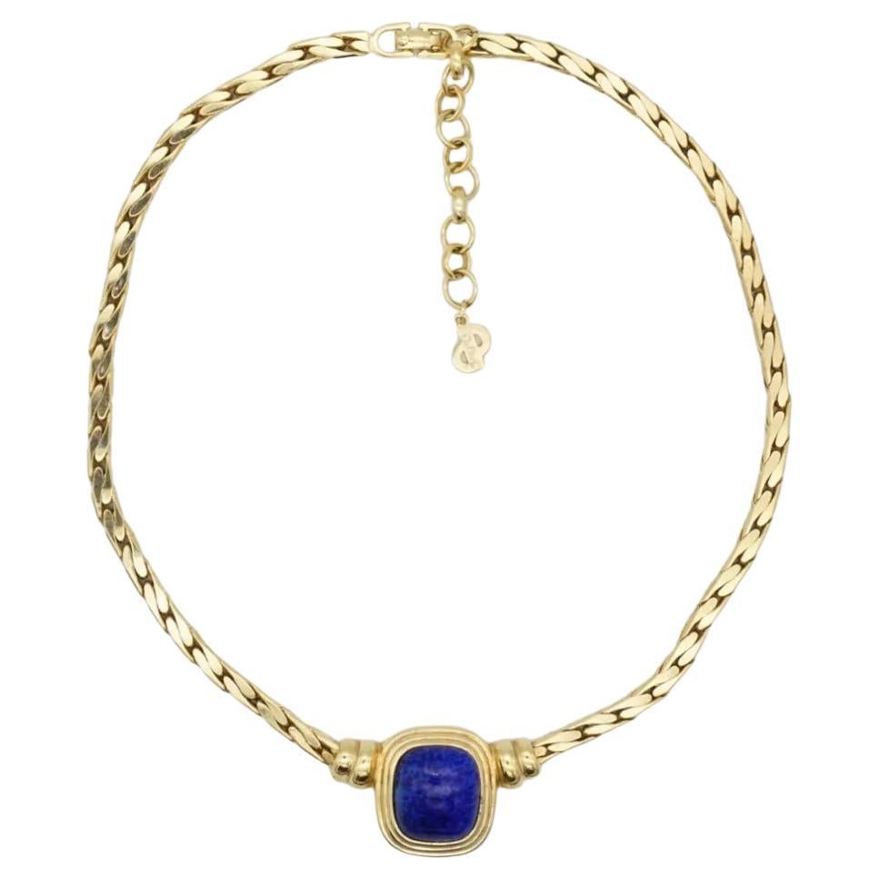 Christian Dior Vintage 1980 Lapis Octagon Oval Cabochon Pendant Gold Necklace
