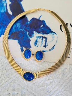 Christian Dior Vintage 1980s Lapis Stone Gold Foil Oval Cabochon Omega 2 Set