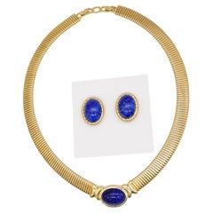 Christian Dior Vintage 1980s Lapis Stone Gold Foil Oval Cabochon Omega 2 Set