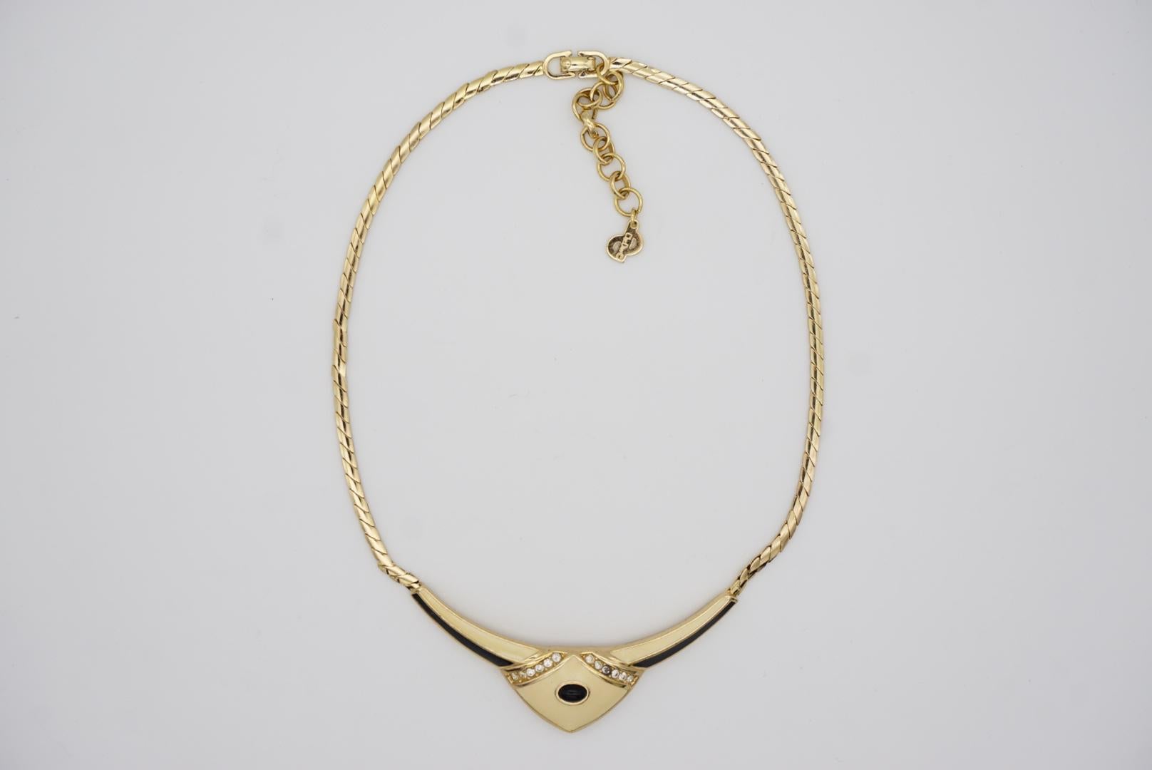 Christian Dior Vintage 1980s Large Beige Black Crystals Gold Pendant Necklace For Sale 3