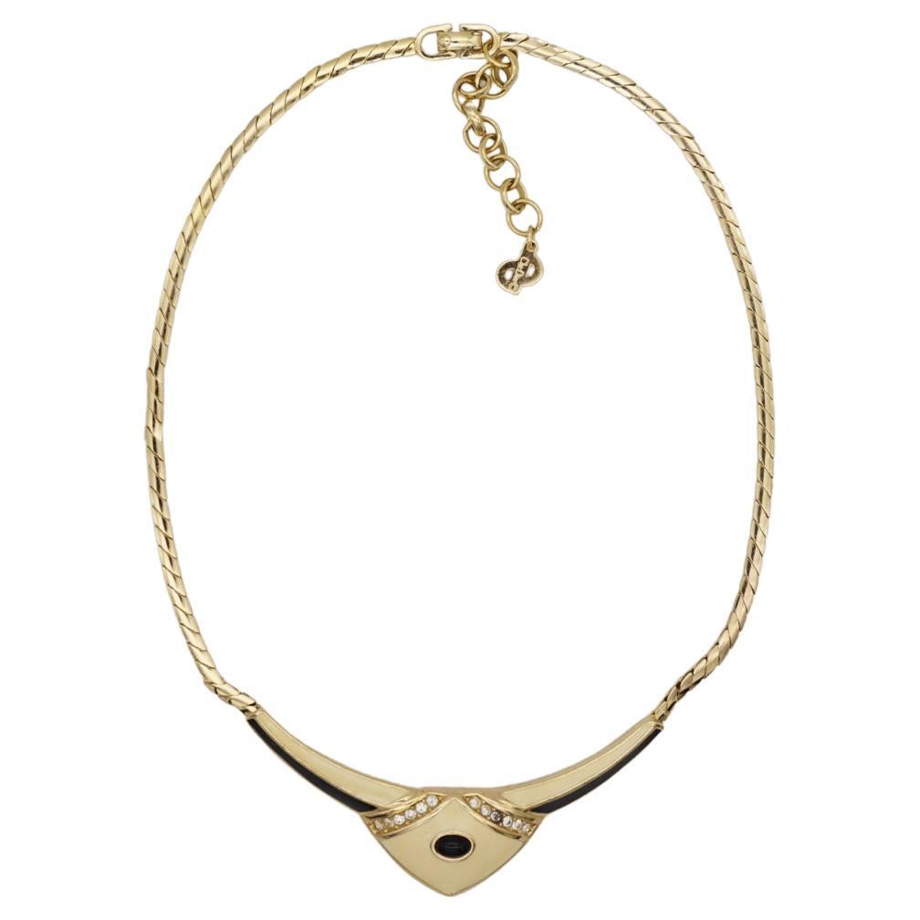 Christian Dior Vintage 1980s Large Beige Black Crystals Gold Pendant Necklace For Sale