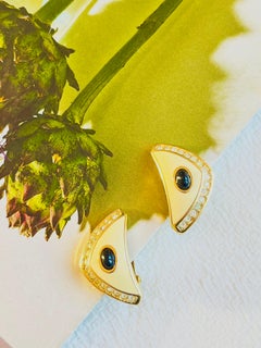 Christian Dior Vintage 1980s Large Beige Black Crystals Triangle Gold Earrings