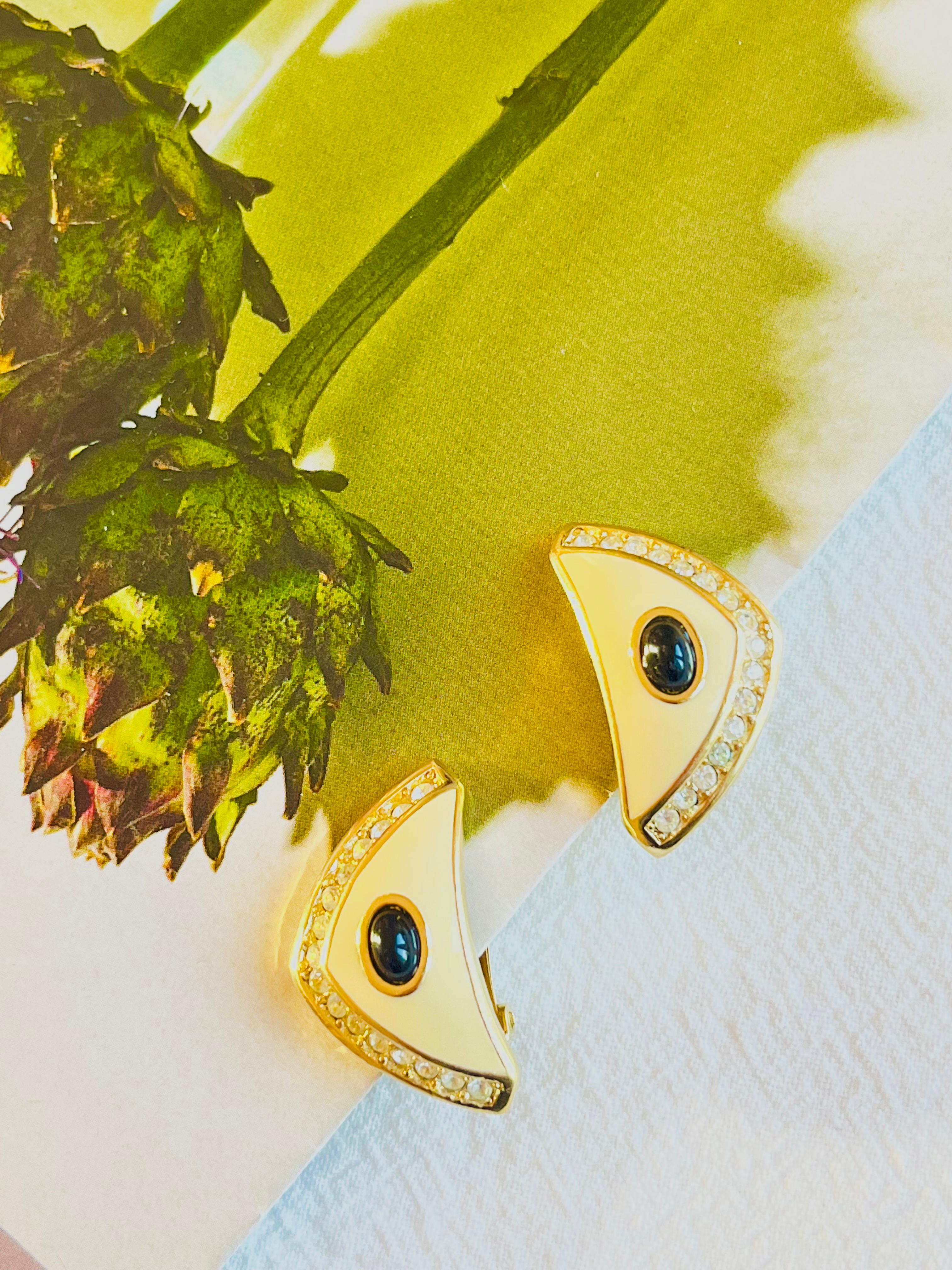 Art Deco Christian Dior Vintage 1980s Large Beige Black Oval Crystals Triangle Earrings For Sale