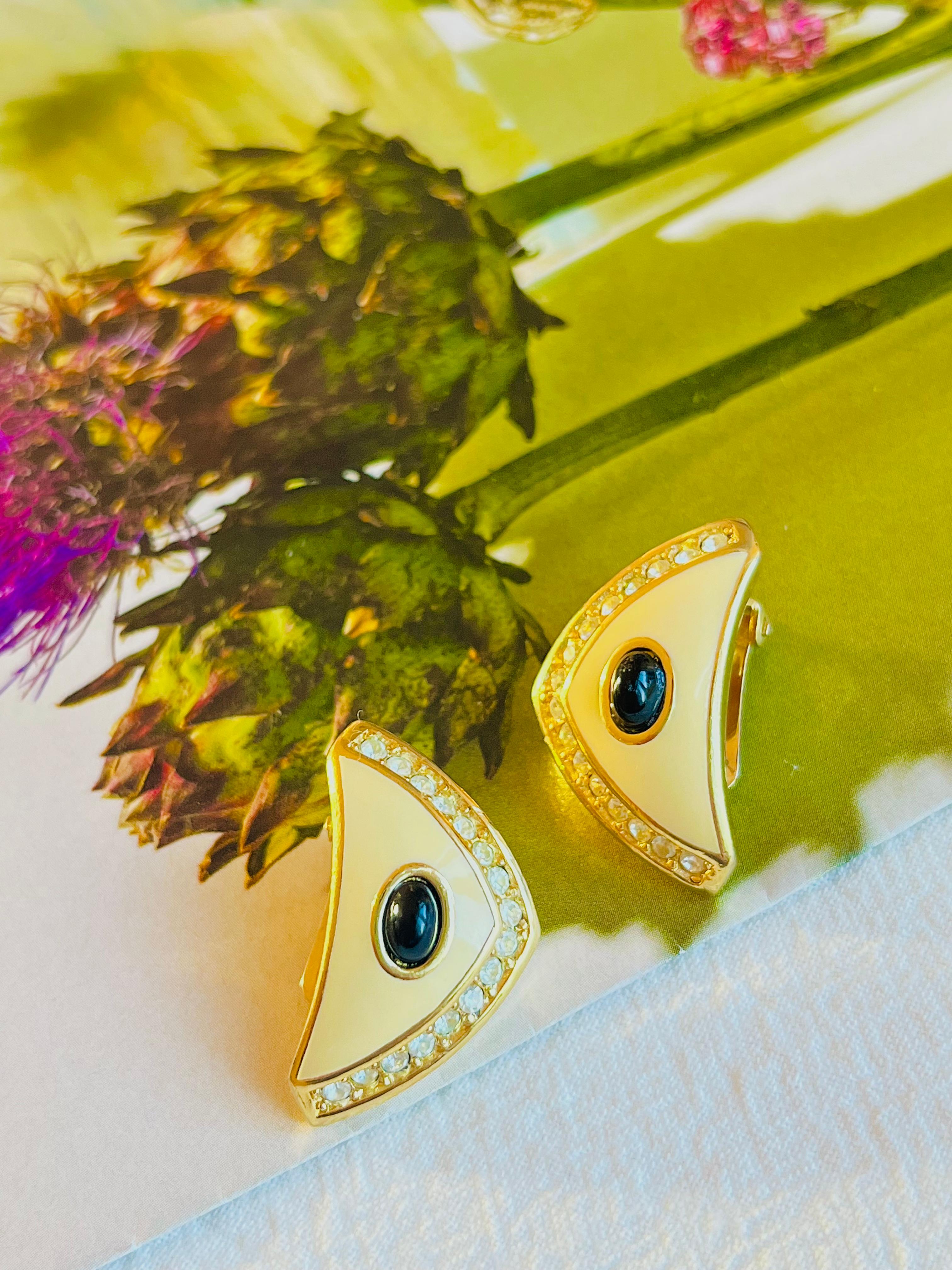 Christian Dior Vintage 1980s Large Beige Black Oval Crystals Triangle Earrings In Good Condition For Sale In Wokingham, England