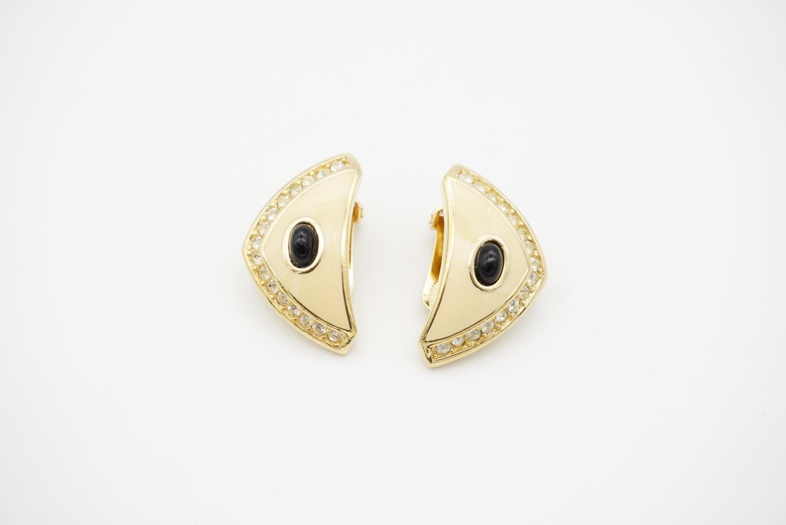 Christian Dior Vintage 1980s Large Beige Black Oval Crystals Triangle Earrings For Sale 4
