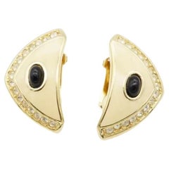 Christian Dior Vintage 1980s Large Beige Black Oval Crystals Triangle Earrings