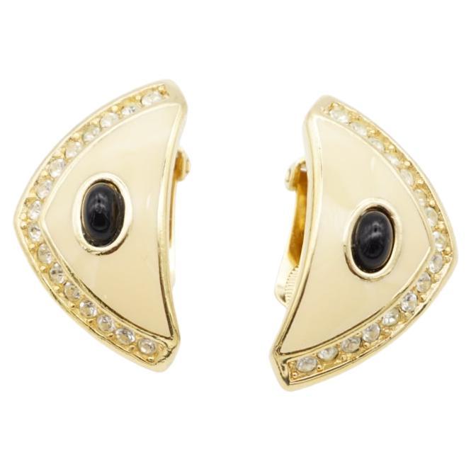 Christian Dior Vintage 1980s Large Beige Black Oval Crystals Triangle Earrings For Sale