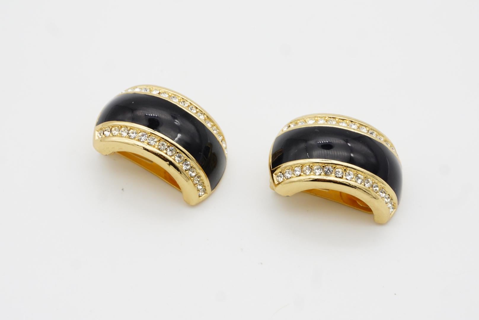 Christian Dior Vintage 1980s Large Black Crystals Dome Half Hoop Clip Earrings For Sale 6