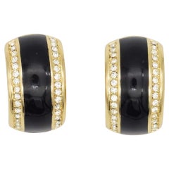 Christian Dior Vintage 1980s Large Black Crystals Dome Half Hoop Clip Earrings