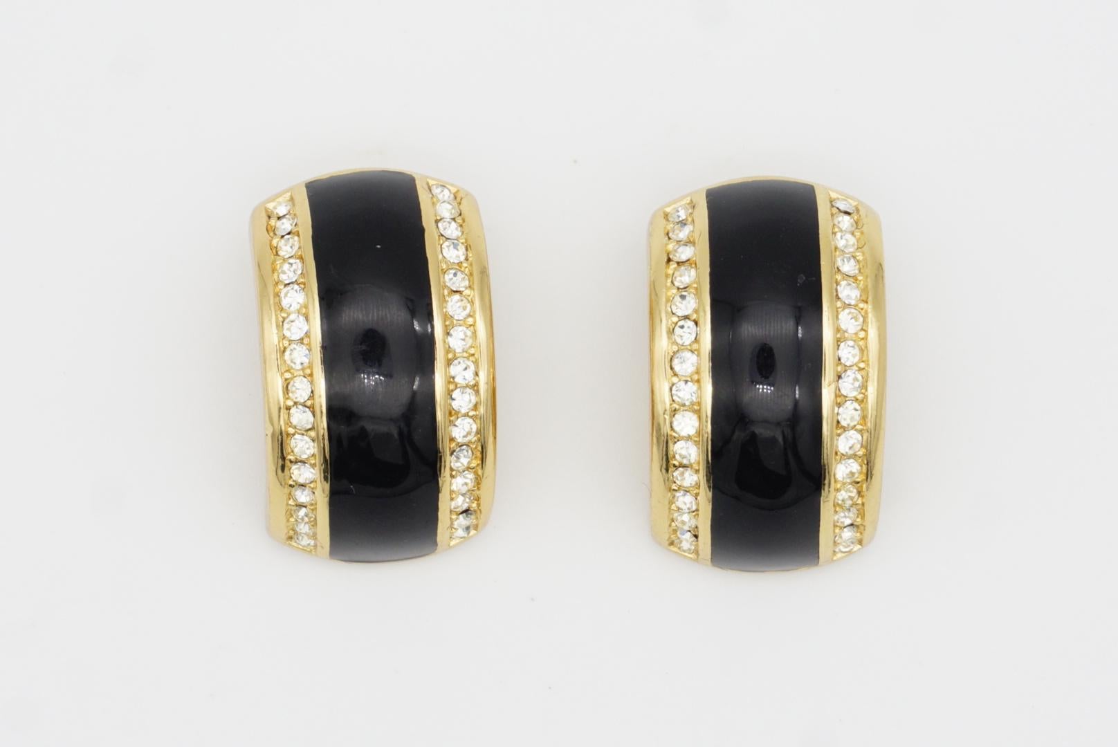 Christian Dior Vintage 1980s Large Black Crystals Dome Half Hoop Clip Earrings For Sale 4