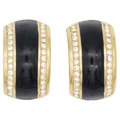Christian Dior Vintage 1980s Large Black Crystals Dome Half Hoop Clip Earrings