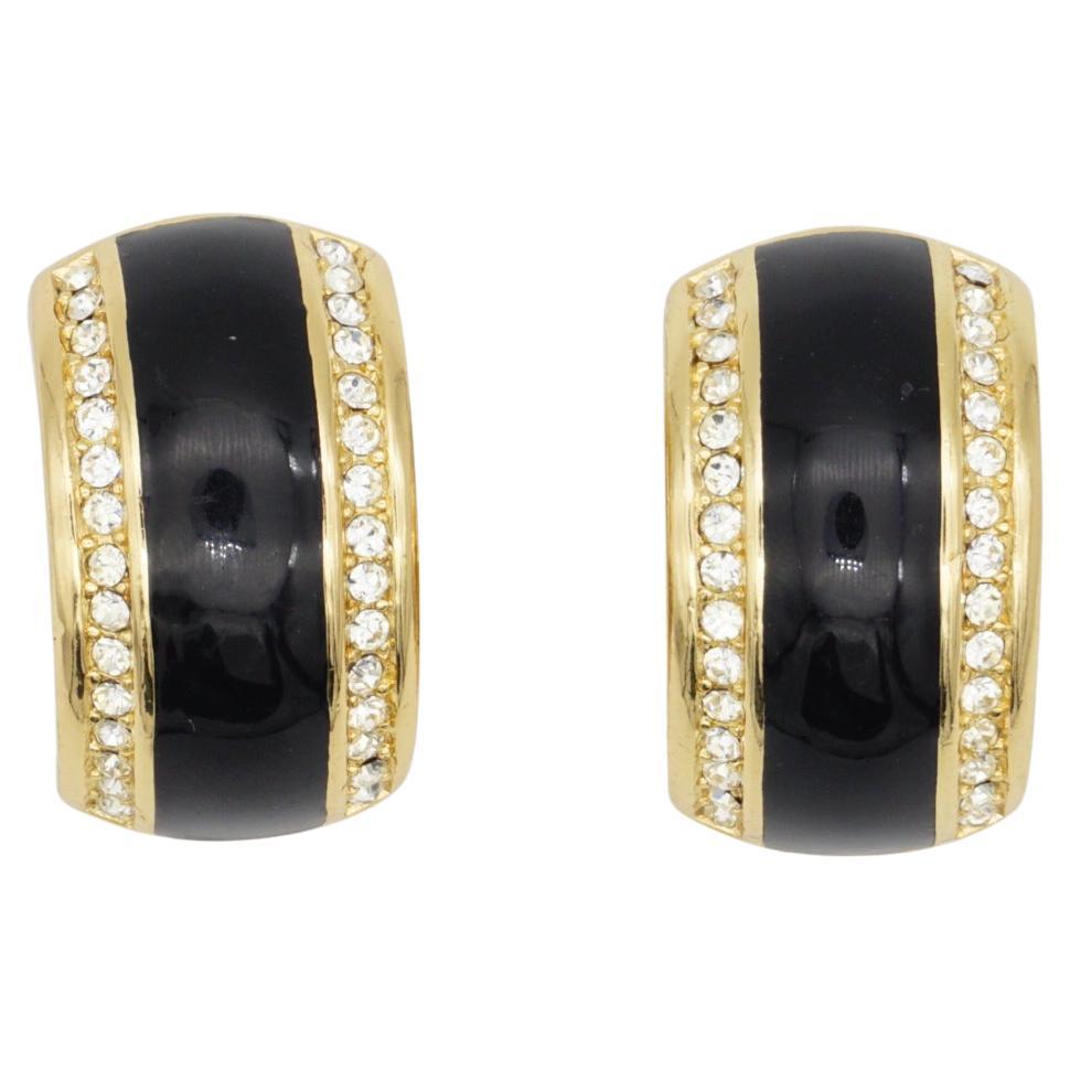Christian Dior Vintage 1980s Large Black Crystals Dome Half Hoop Clip Earrings For Sale