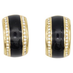 Christian Dior Vintage 1980s Large Black Crystals Dome Half Hoop Clip Earrings
