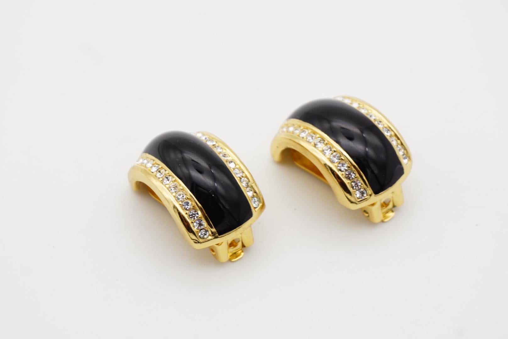 Christian Dior Vintage 1980s Large Black Double Crystals Dome Hoop Clip Earrings For Sale 5
