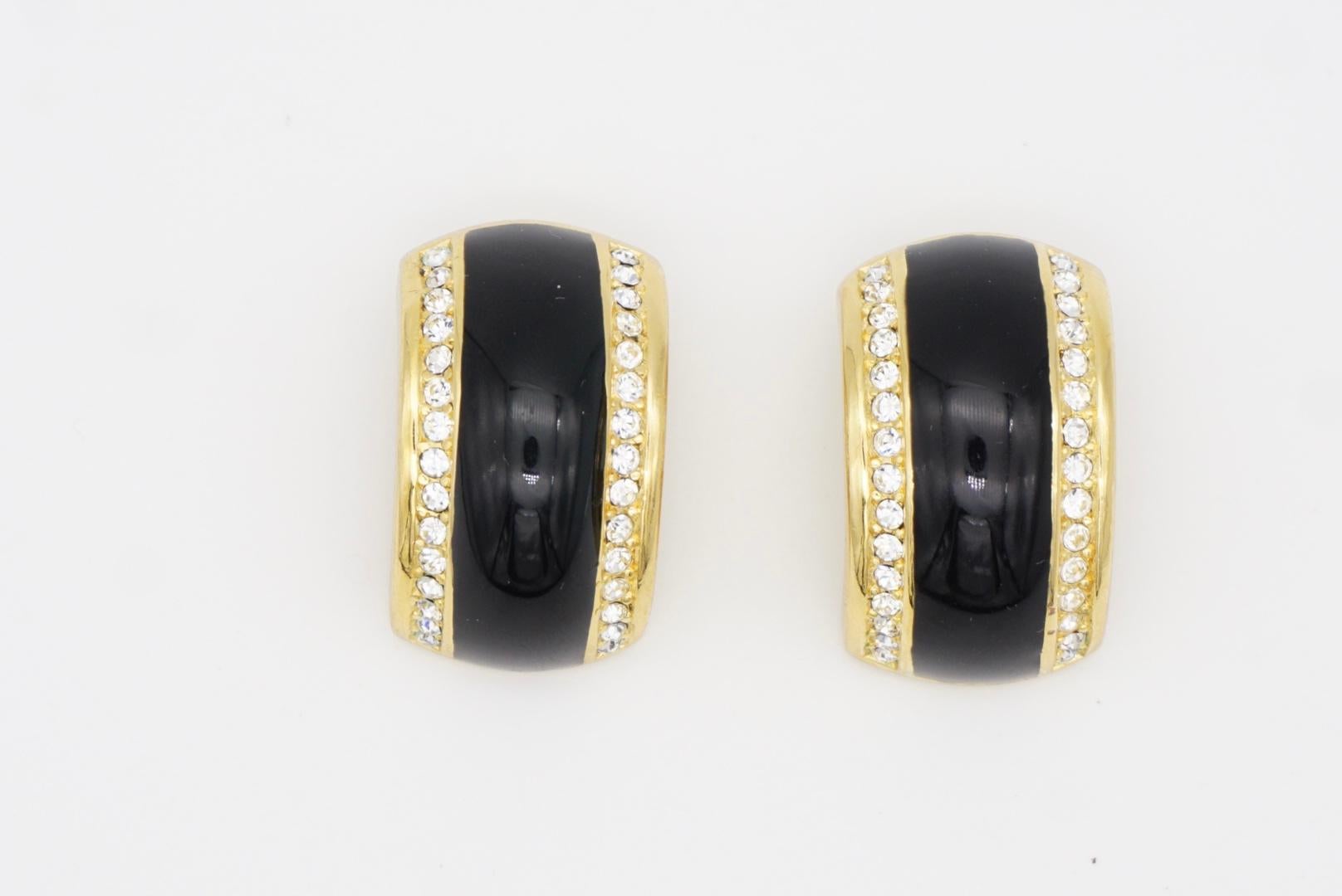 Christian Dior Vintage 1980s Large Black Double Crystals Dome Hoop Clip Earrings For Sale 3