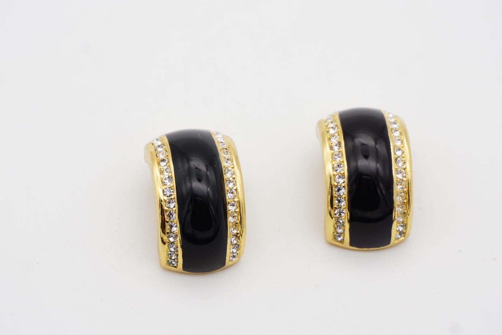 Christian Dior Vintage 1980s Large Black Double Crystals Dome Hoop Clip Earrings For Sale 4