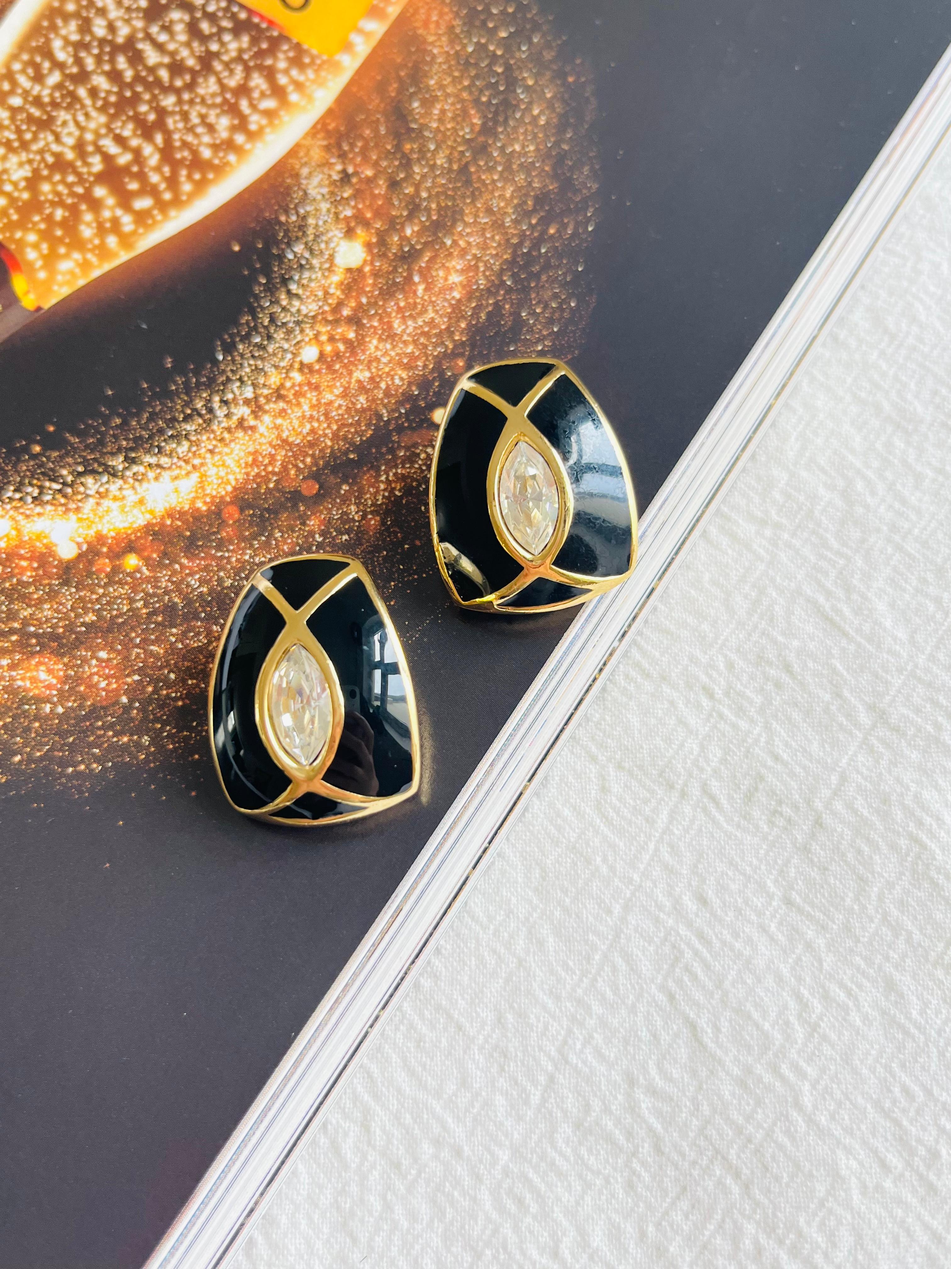 Art Nouveau Christian Dior Vintage 1980s Large Black Enamel Oval Crystal Gold Clip Earrings For Sale