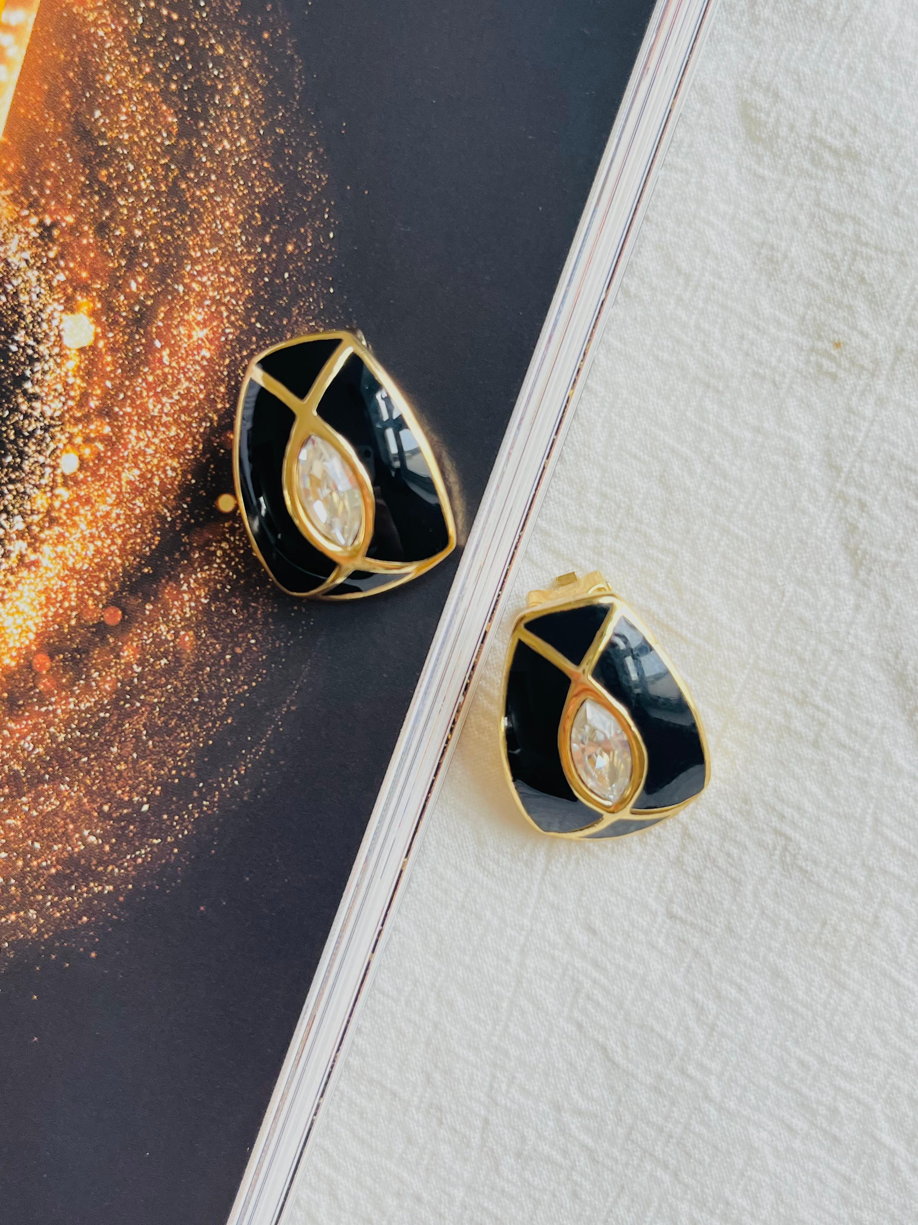 Art Nouveau Christian Dior Vintage 1980s Large Black Enamel Oval Crystal Gold Clip Earrings For Sale