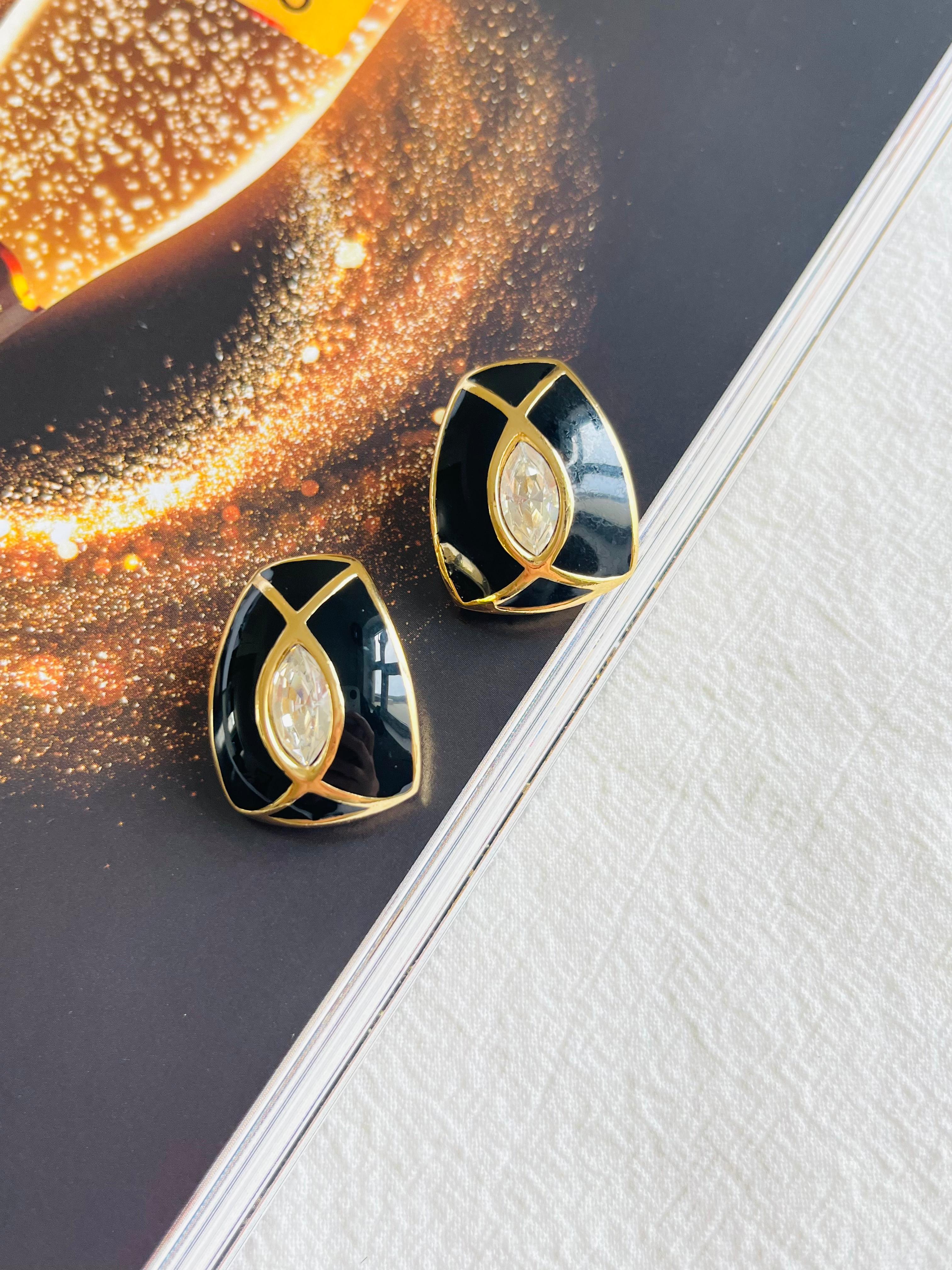 Christian Dior Vintage 1980s Large Black Enamel Oval Crystal Gold Clip Earrings In Excellent Condition For Sale In Wokingham, England