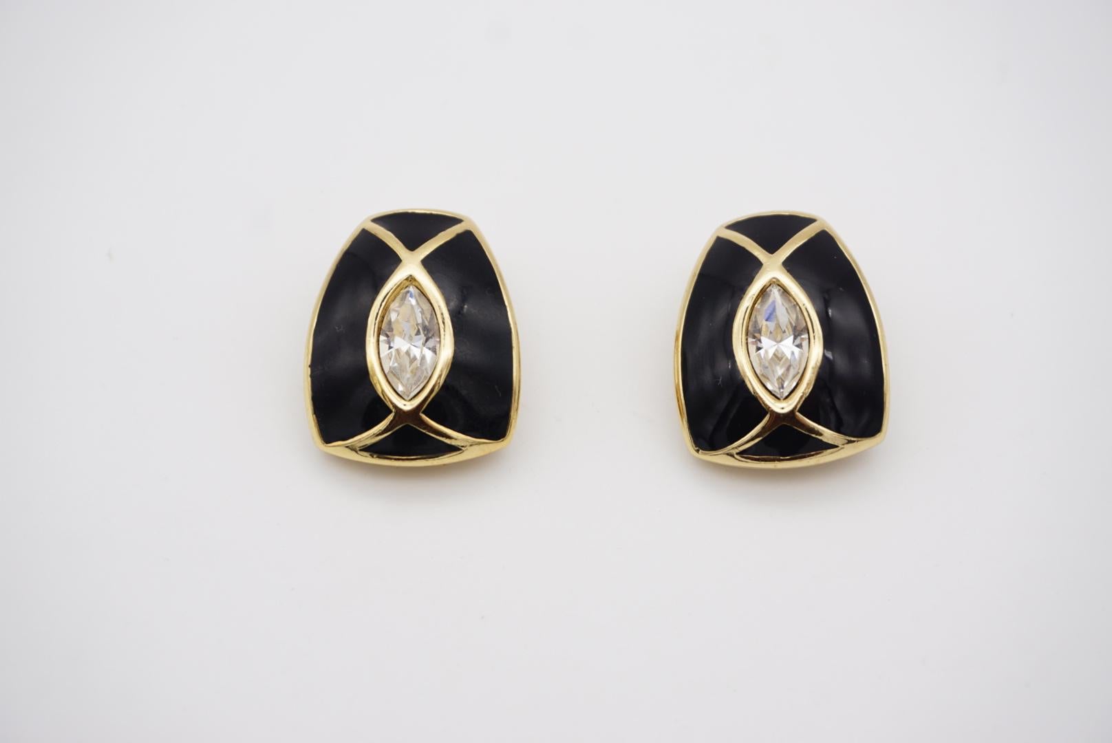 Christian Dior Vintage 1980s Large Black Enamel Oval Crystal Gold Clip Earrings For Sale 1
